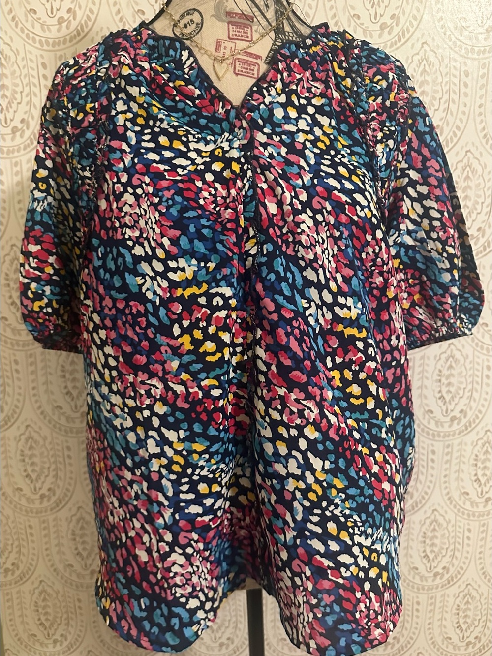 Umgee Multicolor Printed V-Neck Blouse in Pink Blue Yellow Black White